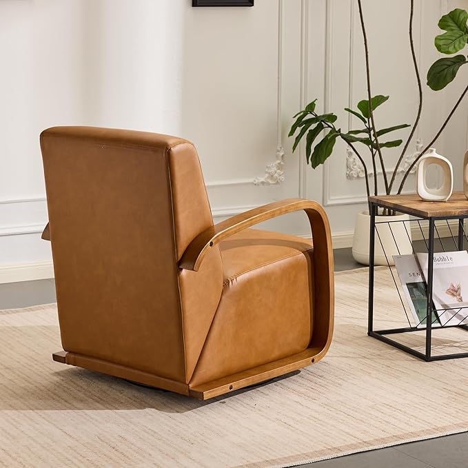 Vintage-Inspired Swivel Accent Chair with Luxe Faux Leather &amp Solid Wood Armrests Ergonomic Comfort for Living Room Office and Bedroom Compact Single Seater