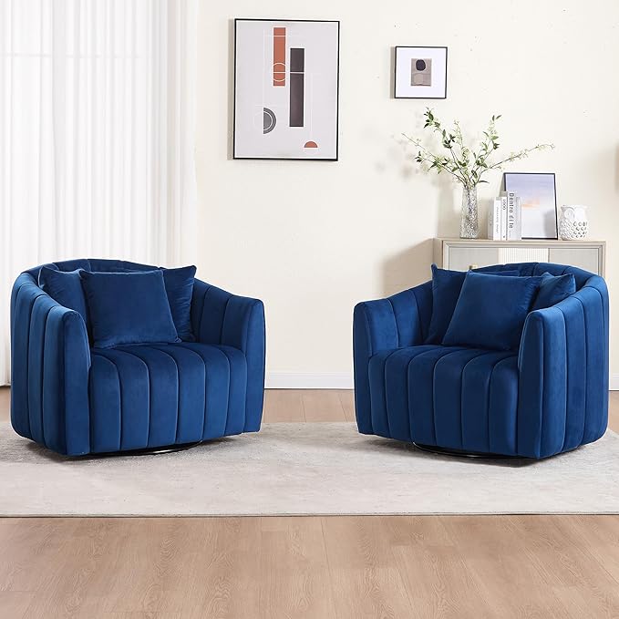 Mlmh &amp Kngwa 40.35 W Swivel Accent Chairs Set of 2 Oversized 360 Degree Swivel Barrel Chair with 3 Pillows Velvet Armchair for Living Room Bedroom Navy