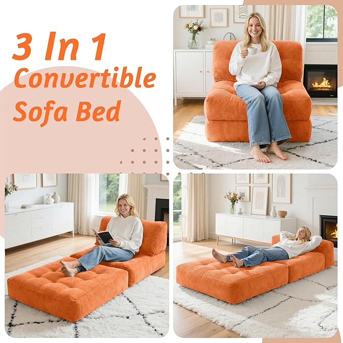 HABUTWAY Folding Sofa Bed Convertible Sleeper Chair Bed with Pillow &amp Handle Foldable Mattress with Back Support Portable Single Couch Comfy Floor Sofa Lounge for Living Room Bedroom(Orange)