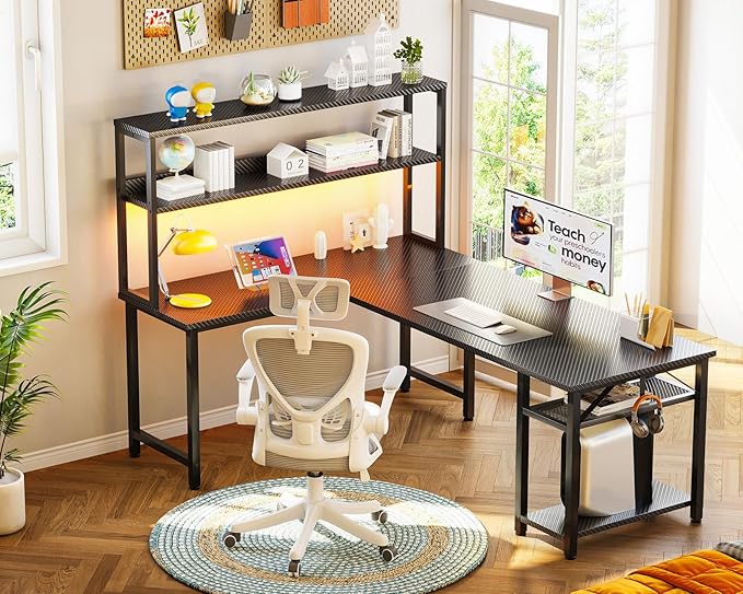 ODK 61 L Shaped Gaming Desk with Hutch &amp Headphone Hook Corner Computer Table with Storage Shelves for Home Office Black