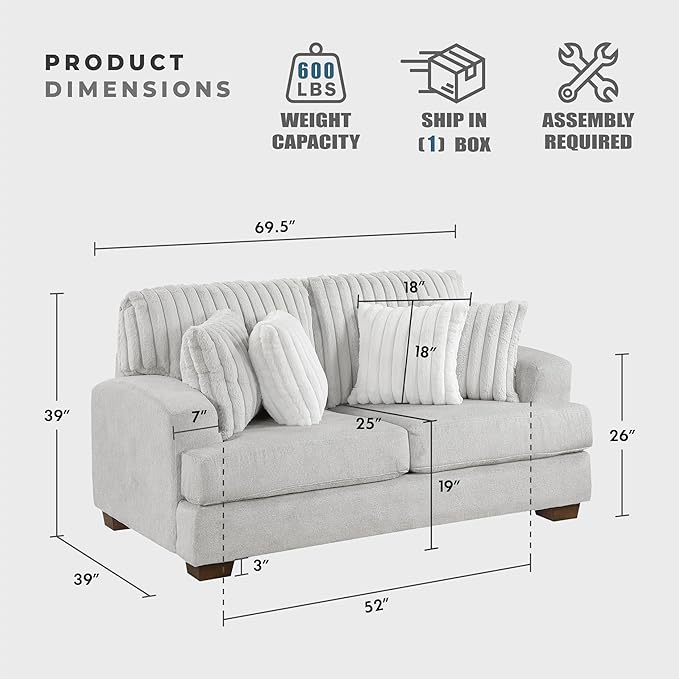 Lexicon Living Room Loveseat Modern Sofa Couch Textured Microfiber &amp Corduroy Upholstered Love Seat with Four Corduroy Pillows for Office/Living Room Light Gray