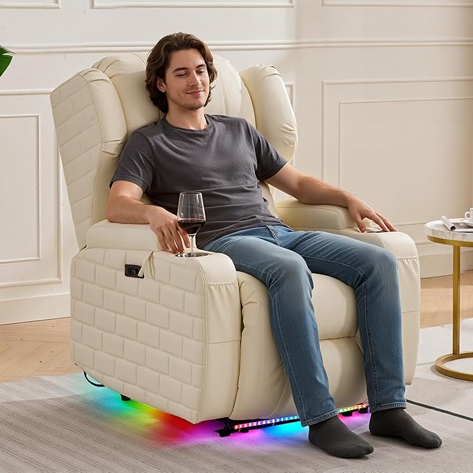 Wall Hugger Power Recliner Chair with Heat and Massage Overstuffed Reclining Sofa Chair for Living Room Home Theater RV with 3-Side LED Lights/Cup Holders/USB &amp Type C Port (White)