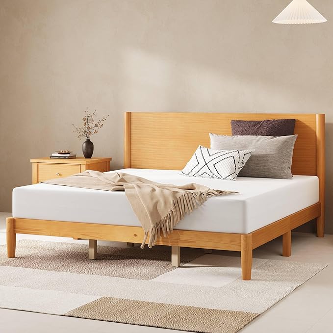 AMERLIFE Solid Wood King Size Bed Frame Mid Century Modern Platform Bed with Full Panel Headboard Noise-Free &amp Cylindrical Legs No Box Spring Needed Under-Bed Storage Natural Wood