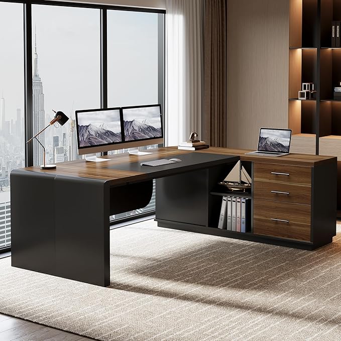 Tribesigns 80'' L-Shaped Desk Set of 2 Large Executive Office Desk with 55'' Drawers Cabinet Modern Computer Table with Storage Shelves Business Furniture for Office Brown