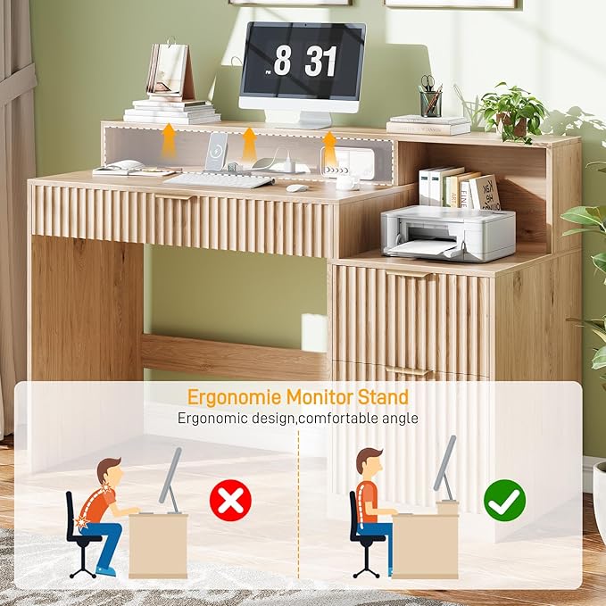 Vabches Fluted Computer Desk with Drawers Home Office Desk with Power Outlets Printer Stand and Storage Cabinet Study Writing Desks with Long Monitor Stand Oak