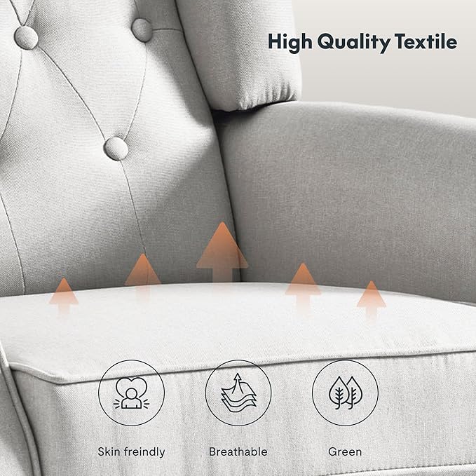 Softa Recliner Chair for Adults Mid Century Wingback Pushback Accent Chair with Rivet Decoration Tufted Upholstered Single Sofa Armchair for Living Room Bedroom Study (Fabric White)