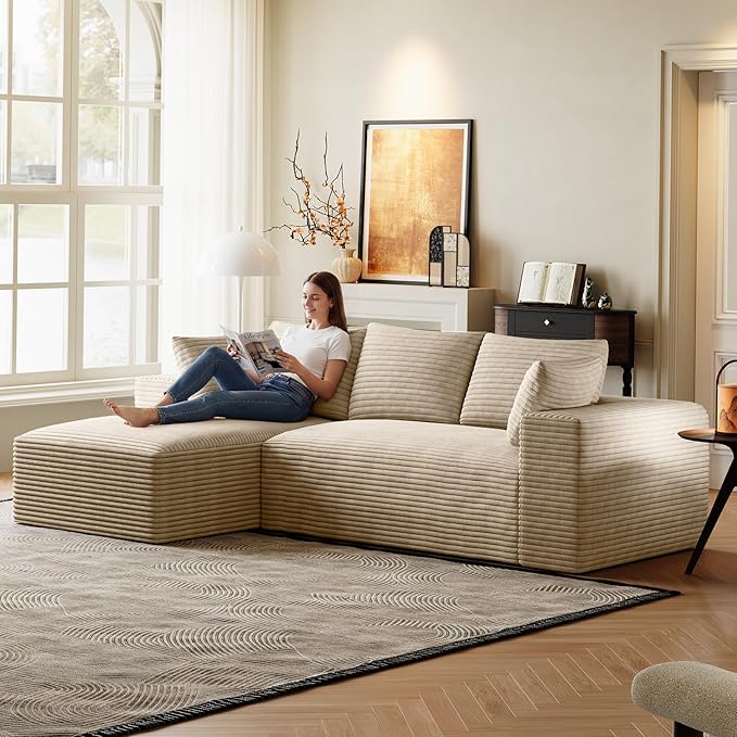 Modular Sectional Sofa Cloud Couch 107 Comfy L Shaped Sectional Couches for Living Room Modern Deep Seat Cozy Fluffy Corduroy Boneless Couch Sectionals Sofa with Chaise (Left Facing Beige)
