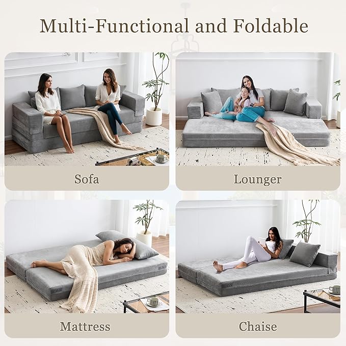 MELLCOM 79 Convertible Folding Sofa Bed Queen Sleeper Sofa Couch with Armrest and Pillows Chenille Fold Out Floor Chaise Lounge Comfy Foldable Futon Mattress for Living Room Bedroom (Grey 7.87)