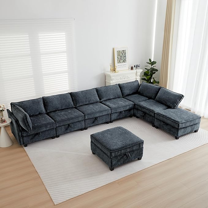 ORRD Sleeper Modular Sectional Sofa Set Convertible Couch Bed with Storage 6 Seater and 4 Armrestes Sofa Modular for Living Room Office (Blue Grey)
