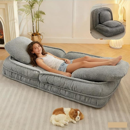 Foldable Lazy Sofa Bed Polyester Upholstered Human Dog Bed for Adults and Pets with 5 Adjustable Backrest Positions and 2 Soft Cushions for Living Room Bedroom Gray