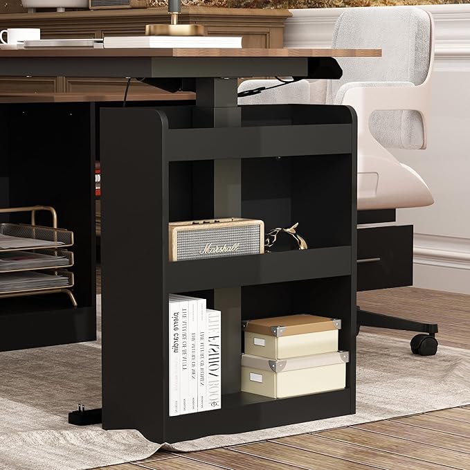 Homsee Home Office L Shaped Electric Standing Desk with Drawers and Shelves Height Adjustable Stand up Desk 63 Computer Executive Corner Table Walnut &amp Black