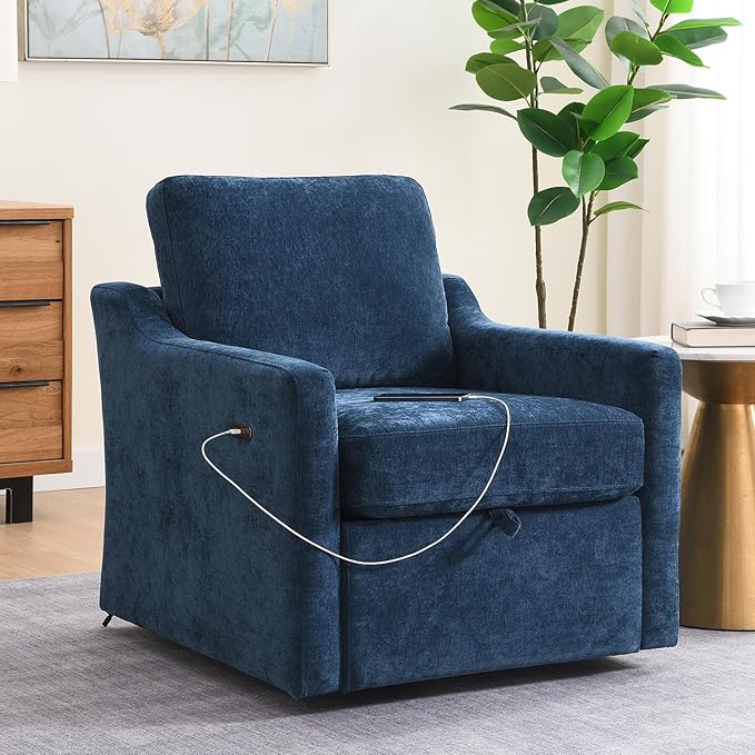30 Oversized Swivel Barrel Chair – Chenille UpholsteredComfy Reading Arm Chair with USB Charging &amp Under-Seat Storage360° Rotating Accent Chair for NurseryLiving Room &amp Office (Navy Blue)