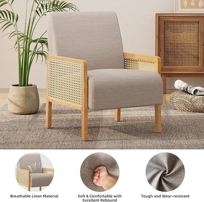 Rattan Accent Chair Set of 2 with Rattan Arms Mid Century Modern Chair for Living Room Linen Upholstered Comfy Chair for Bedroom Reading Room Home Office Brown