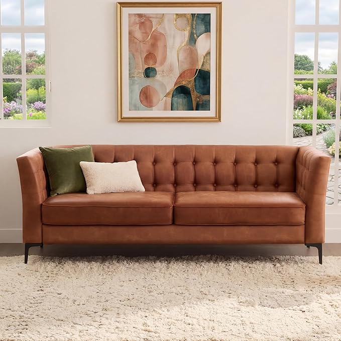 85'' W Faux Leather Sofa with Button Tufted 3 Seater Sofa with Metal Legs and Deep Seats Mid Century Modern Leather Couch for Living Room Bedroom Apartment Camel