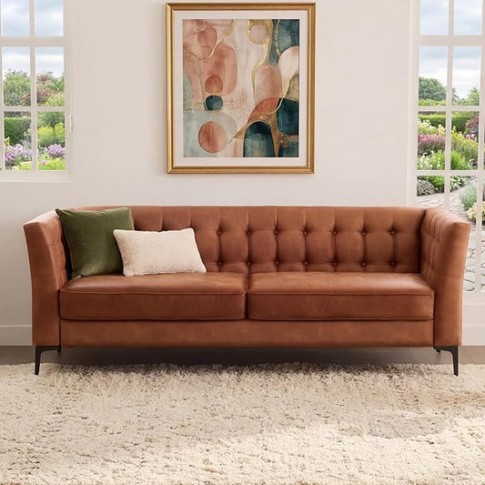 85'' W Faux Leather Sofa with Button Tufted 3 Seater Sofa with Metal Legs and Deep Seats Mid Century Modern Leather Couch for Living Room Bedroom Apartment Camel