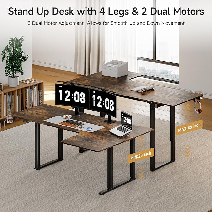 ONBRILL L Shaped Standing Desk 71x43 Inches Electric L Stand Up Desk with 4 Legs Dual Motor and Memory Controller Adjustable Height from 28-46 Inches for Home and Computer Workstation Rustic Brown