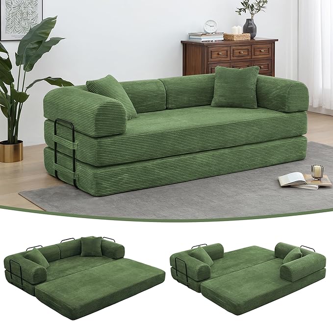 JJJ 63 inch Sofa Bed 4-in-1 Boneless Convertible Corduroy Sleeper Folding Couch with Fixed-Shape Frame and 2 Futons No Assemble Required 3 Seater Upholstered for Living Room (Olive Green 63 inch)