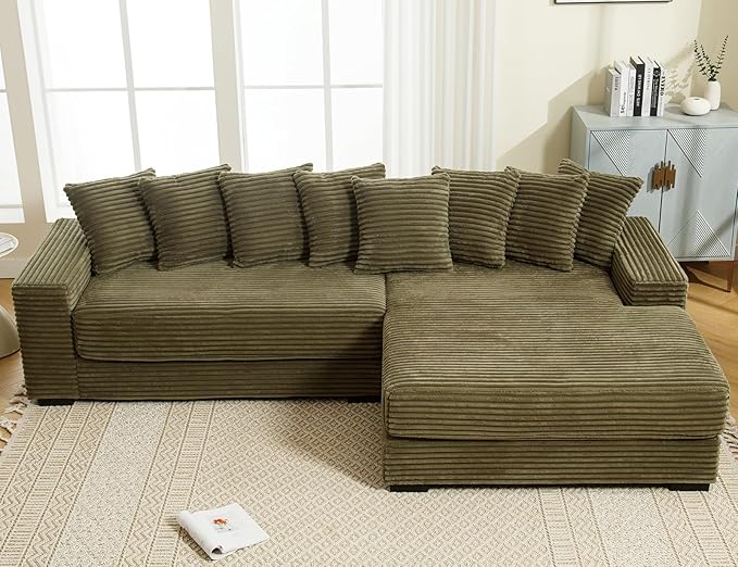111 Inch Cloud Sectional Couches for Living Room | L-Shaped Sectional Couch with 8 Pillows | Corduroy Couch with Deep Seat | Solid Wood Frame Sofa Green (Right Facing Chaise)