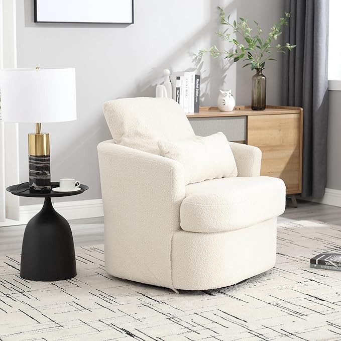 Swivel Barrel Chair Comfy Round Accent Sofa Chair for Living Room 360 Degree Swivel Barrel Club Chair Leisure Arm Chair for Nursery Hotel Bedroom Office Lounge (WhiteTeddy)