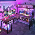 Aheaplus L Shaped Gaming Desk with LED Lights &amp Power Outlets 55 Inch L-Shaped Computer Desk with Storage Shelf &amp Monitor Stand Corner Desks 2 Person Reversible Desk Home Office Desk Rustic