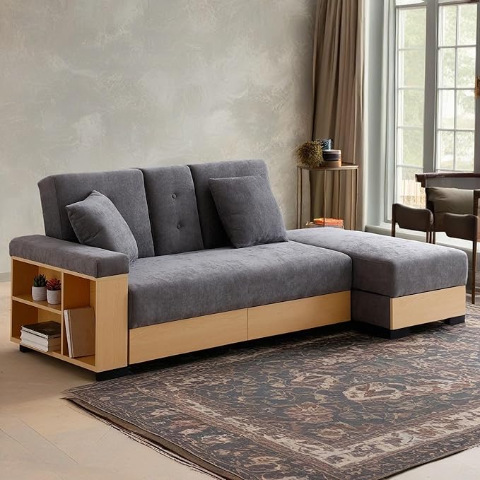 Sofa 84.65 Convertible Sofa Bed with Storage Ottoman Adjustable Armrest &amp Coffee Table - Perfect for Small Apartments 2 Drawers Soft Cotton Linen Fabric Solid Wood FrameGray