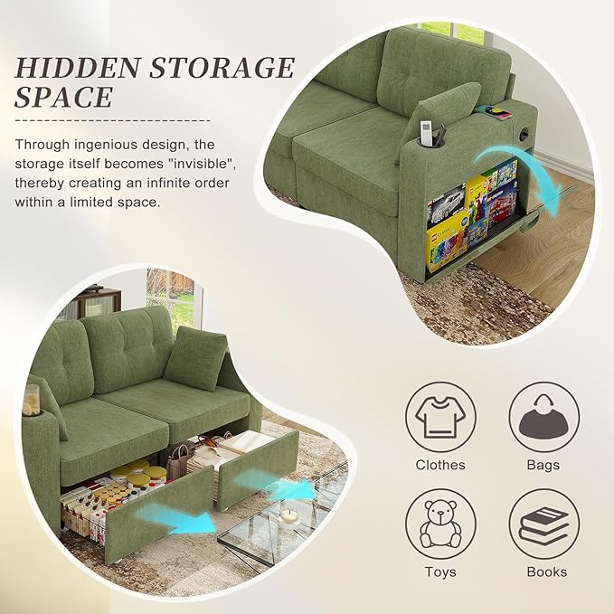 67 Small Loveseat Couch with Storage USB Charging and Cup Holder Space Saving Furniture Modern Chenille Love Seat Sofa Small Couches for Small Spaces Bedroom Apartment Olive Green
