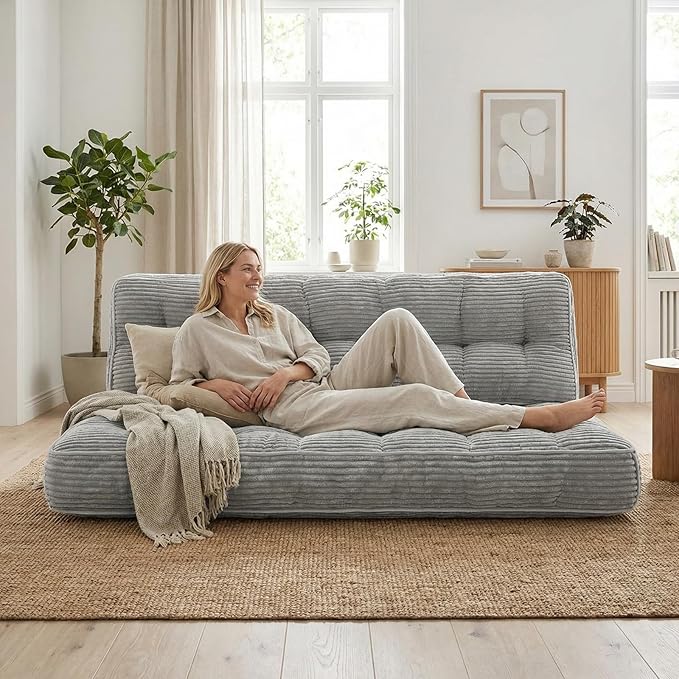 63 Inch Folding Bench Cushion 4 Inch Thick 2-in-1 Convertible Long Floor Lounger Boneless Cushions Couch Mattress Upholstered for Yoga Reading Sleeping Meditation Living Room(Light Grey)