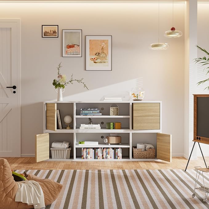 JUMMICO TV Stand for 65 Inch TV Mid Century Modern TV Stand Entertainment Center with Storage Cabinet and Open Shelves TV Console Table Media Cabinet for Living Room and Bedroom (White)