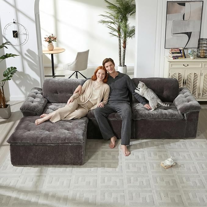 118” Cloud Sectional Couch Deep Seat Boneless Sofa for Living Room with L-Shaped Chaise Comfy Chenille Modular Sectional Sofa Made of Memory Foam No Assembly Required (Grey)