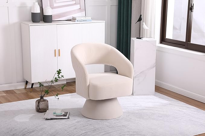 Velvet 360-Degree Swivel Round Barrel Chair with Quiet Swivel Base Deep Seat &amp Curvaceous Design and Sturdy Wooden Frame Comfortable Armchair for Living Room Beige