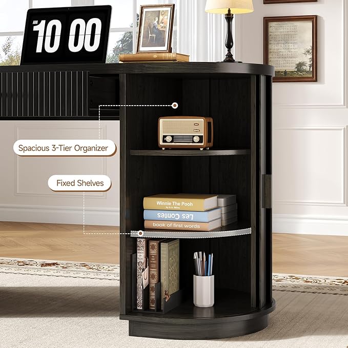 ONBRILL 58 Inch Fluted Executive Desk with Drawers Large Computer Desks with Storage Mid Century Modern Office Desk with Charging Station for Home Office Living Room Bedroom (Black)