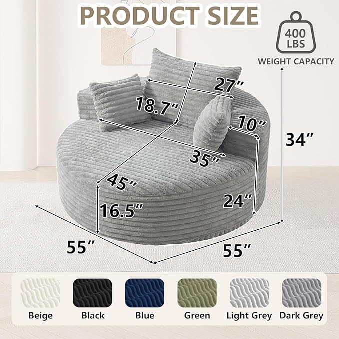 55 L Corduroy Sponge Single Sofa Oversized Round Chair Fluffy Modern Sleeper Chairs for Living Room Lounge and Projection Room Wide Armrest Lounge Chairs Armchair with Pillow Light Grey