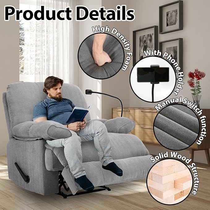 Oversized Recliner Chairs with Phone Holder Large Recliner Soft Fabric Overstuffed Big Man Recliner for Heavy Duty 400lbs Adults for Living Room Bedroom Nursery RV Grey