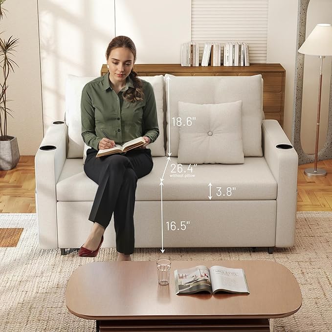 3 in 1 Pull Out Couch 56 Inch Convertible Sleeper Sofa Bed Loveseat with Cup Holders Storage Pockets USB Sofa Couches for Living Room Bedroom Apartment Beige