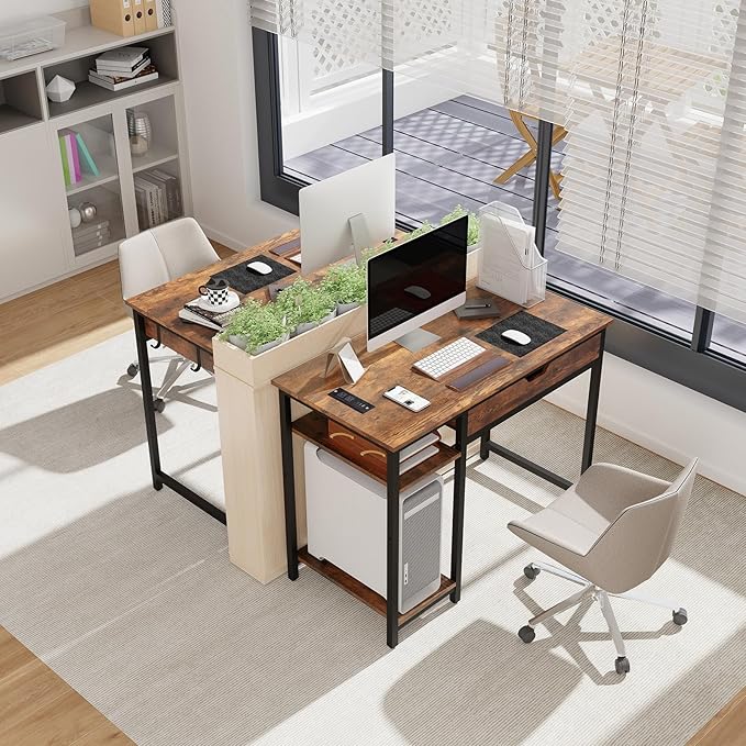 GOFLAME Computer Desk with Drawer Writing Desk with Power Outlets Storage Shelf Monitor Stand Gaming Desk Table Workstation for Home Office Bedroom Rustic Brown