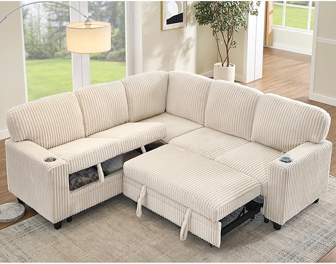 KEIKI 81 L-Shaped Oversized Corduroy Modular Sectional Sleeper Sofa with Pull-Out Bed Storage Seat Modern 5-Seater Upholstered Couch Bed with Charging Station Easy Assembly for Living Room Beige