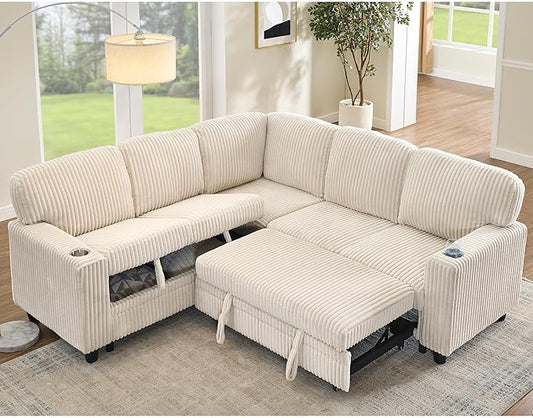 KEIKI 81 L-Shaped Oversized Corduroy Modular Sectional Sleeper Sofa with Pull-Out Bed Storage Seat Modern 5-Seater Upholstered Couch Bed with Charging Station Easy Assembly for Living Room Beige