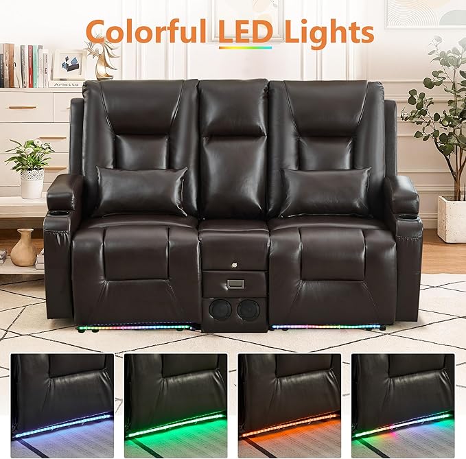 Houjud Power Reclining Loveseat Recliner Sofa with Console Wall-Hugger RV Couch with USB Ports Cup Holders Bluetooth Speakers &amp Ambient Lighting for Home Theater or Camper Faux Leather Dark B