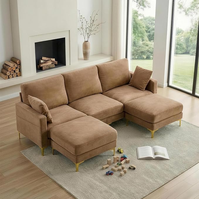 VINGLI 100 W U Shaped Couch with Ottoman 22 Deep Seat Comfortable Sectional Couches for Living Room 3 Seater Chenille Fabric Cloud Sofa for Apartment Small Spaces Bedroom Khaki
