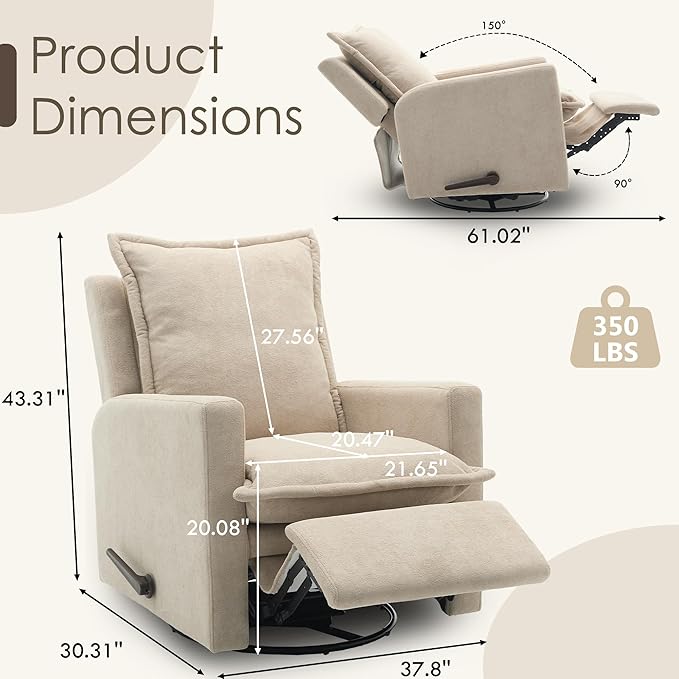 Nursery Glider Recliner Rocking Chair Modern Adult Nursery Recliner High Back Nursery Swivel Rocker Recliner for Nursery Living Room Bedroom and RV