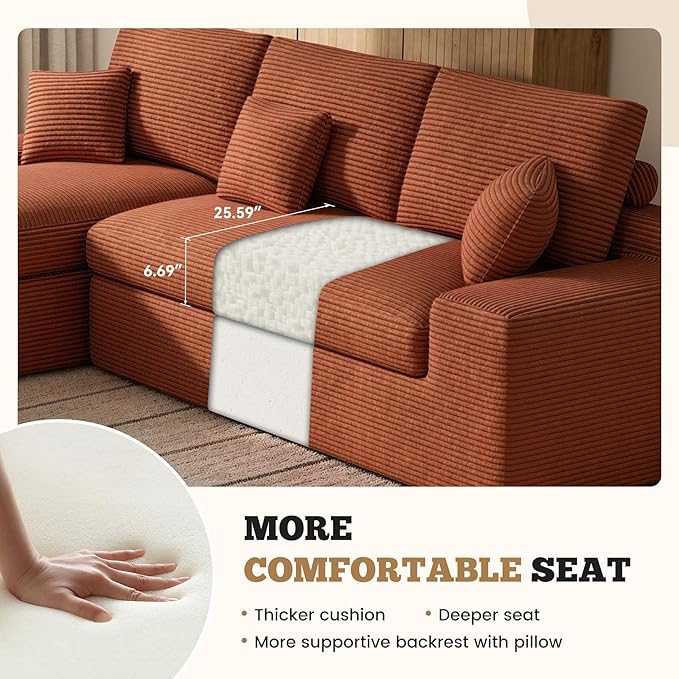 112 Modular Sectional Sofa for Living Room Convertible L-Shape Couch with OttomanCloud Boneless Couch with Layered CushionReddish Brown Corduroy