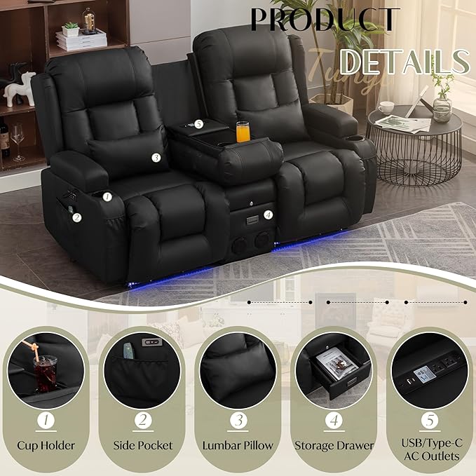 TUNYI Power Loveseat Recliner Sofa Faux Leather Reclining Sofa with Console RV Reclining Loveseat Couch with USB/Outlet/Storage/Side Pocket/LED Light/Speaker (Black Loveseat)