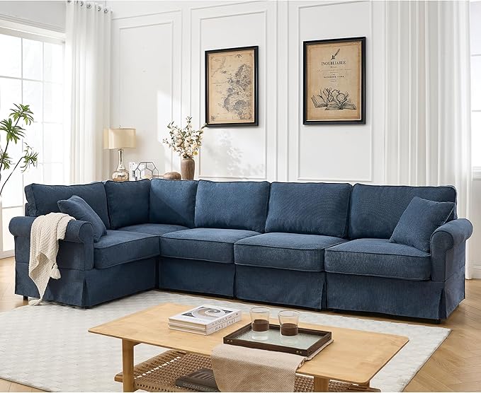 KEIKI 94 L-Shaped Oversized Modular Linen Sectional Sofa with Rolled Arms Cushion Back Modern Style Convertible 5-Seater Corner Couch Easy Assembly for Apartment Living Room Bedroom Dark Blue