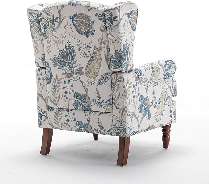 Modern Accent Chair with Retro Wood Legs Comfy Upholstered Armchair Floral Design Single Sofa Chair for Living Room Bedroom Office - Floral
