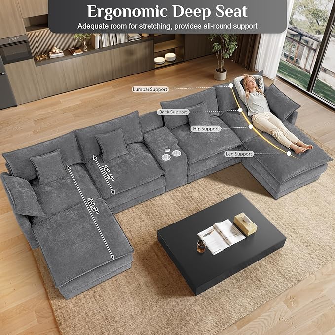 145 Oversized Modular Sectional Sofa U Shaped Cloud Couch Modern 6 Seat Sofa Set for Living Room Comfy Chenille Deep Seat with Storage Central Console Movable Ottomans Cup Holders USB Ports Grey