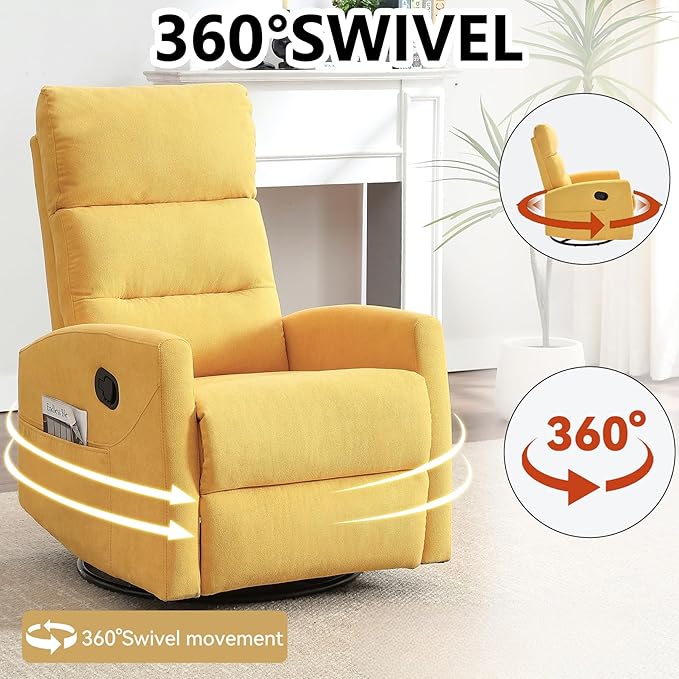 Slim Lazy Boy Recliners for for Adults Swivel Rocking Chair Recliner with High Back Small Recliner Chair for Small Spaces Manual Reclining Chair for Living Room Adjustable Footrest (Yellow)