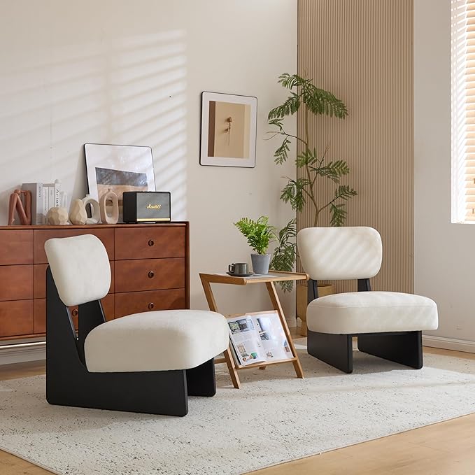 GDFStudio Upholstered Armless Accent Chairs Set of 2 Modern Side Chair Minimalist Leisure Chair with Backrest White Cusion for Living Room Bedroom Reading Room Black Slid Wood Base