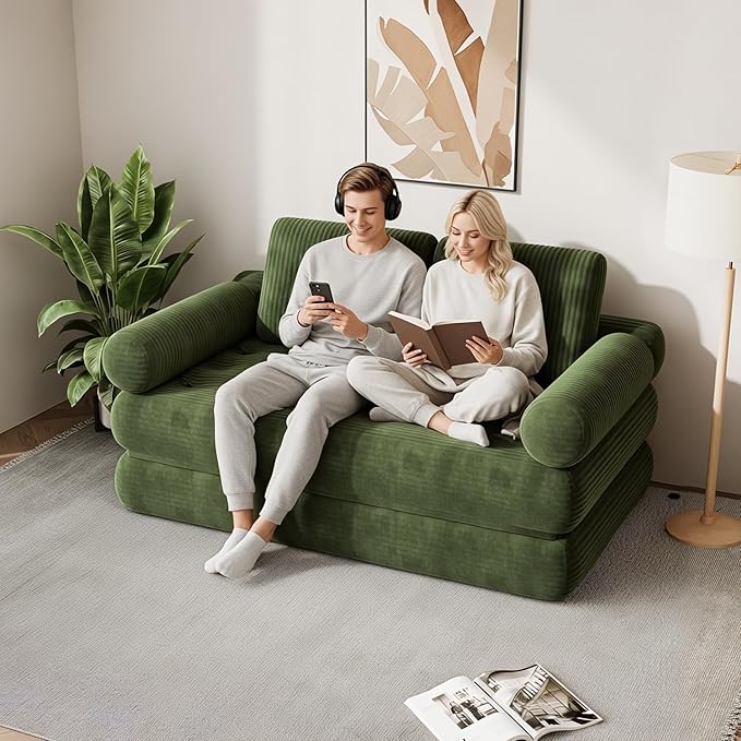 59 Convertible Sofa Bed 5-in-1 Folding Loveseat Sleeper Chair with Pillows Removable Armrests Fold Out Boneless Couch Futon Floor Mattress Lounge for Apartment Dorm Living Room - Green Full