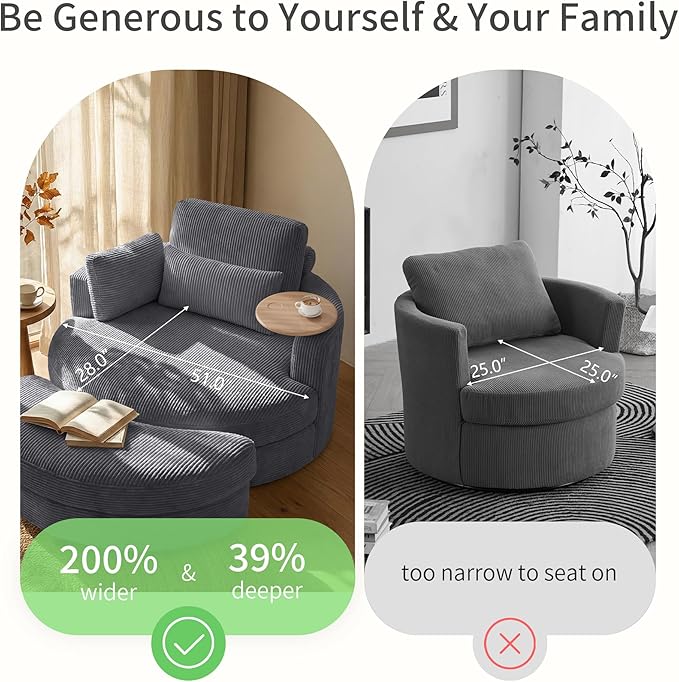 Yoglad 51” Swivel Barrel Chair with Storage Ottoman Corduroy Upholstered Accent Chair and A Half with Tray Table Oversized Chaise Lounge Round Sofa Chair for Living Room Bedroom(Grey)