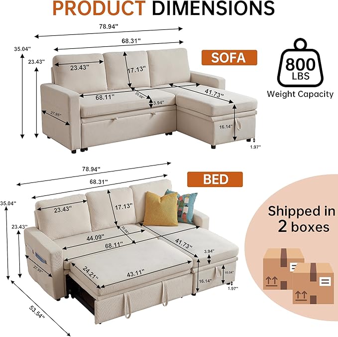 2-in-1 Convertible Sofa with Pull Out Bed 76 L Shaped Comfy Sectional Couch 3-Seater Sleeper Sofa with Reversible Storage Chaise for Living Room Beige